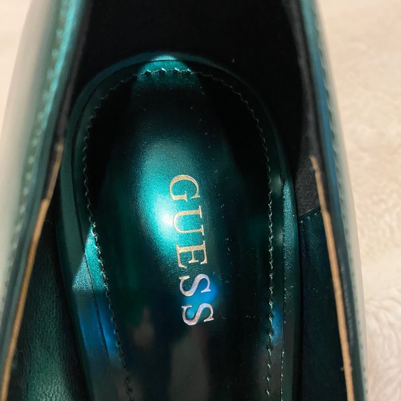 Guess Metallic Green Peep Open Toe Heels Pumps Jaane Holiday X-mas Size 7.5 - Picture 8 of 14